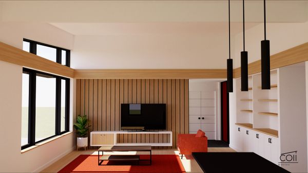 Modern living room with large windows, wooden accents, and red furniture.