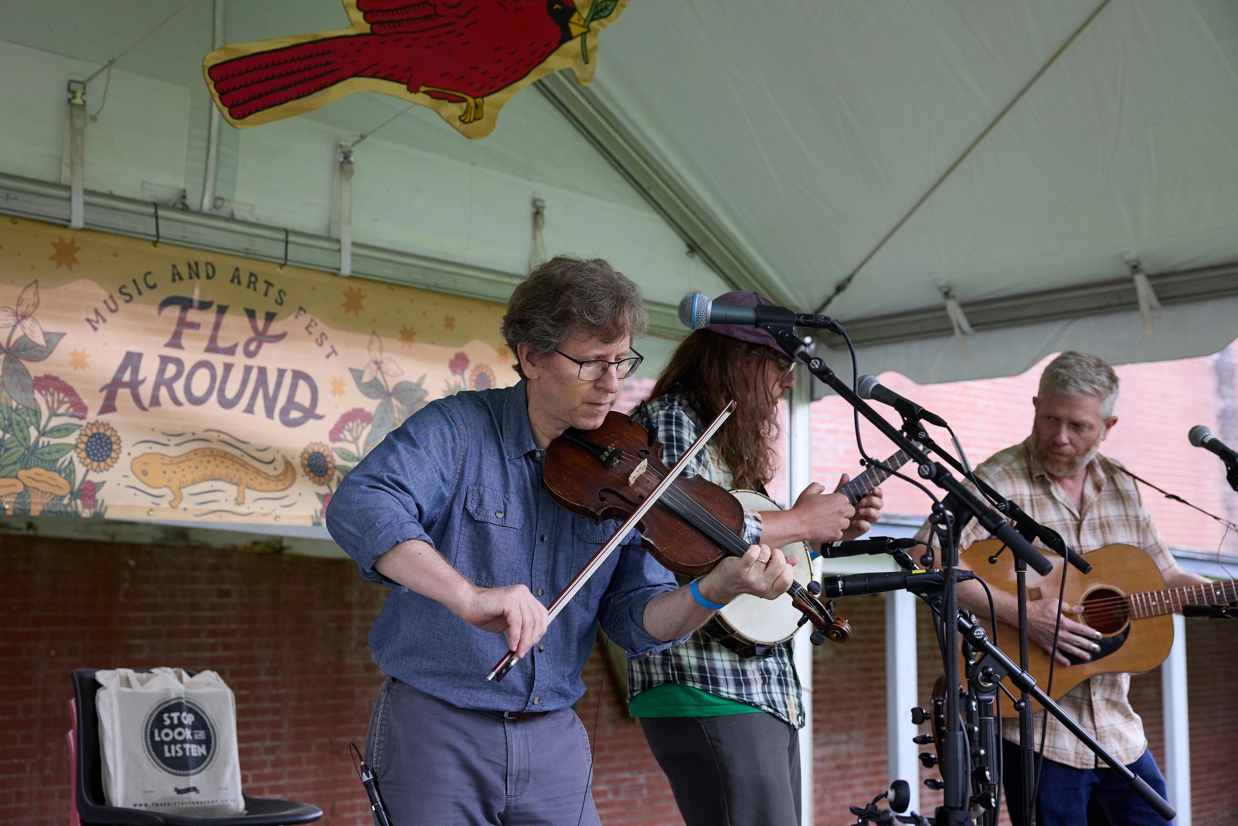 Black Twig Pickers three piece string band performing on the main stage.