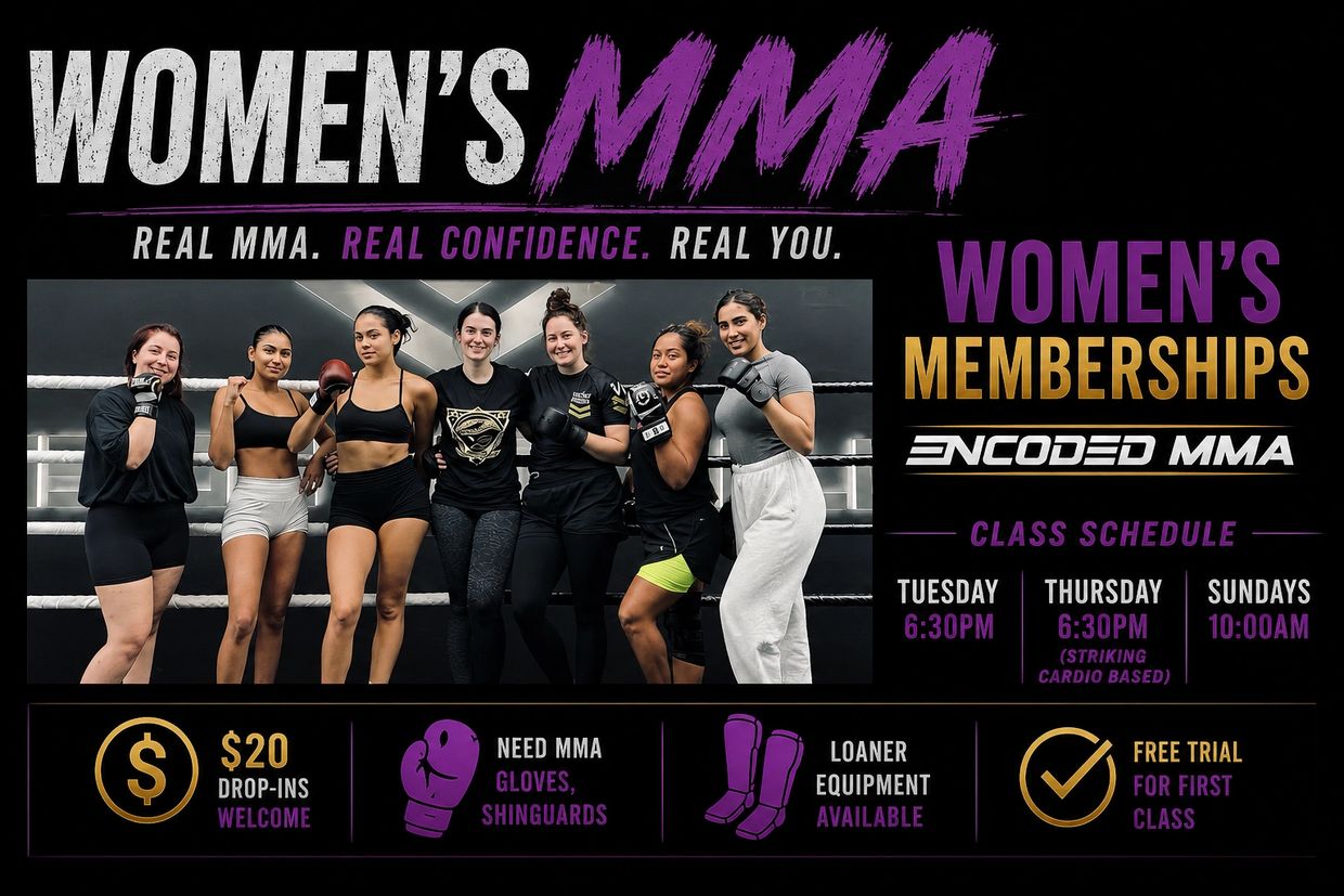 Group of women in MMA gear promoting women's MMA memberships.