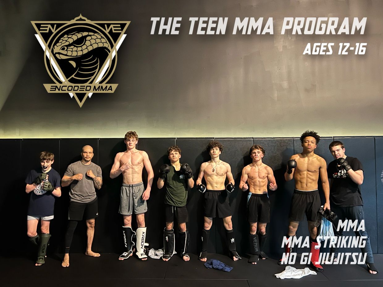Group of teens posing in MMA gear for a teen MMA program.