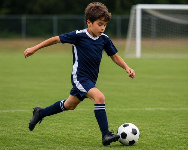Young boy in blue uniform kicking a soccer ball on a field.