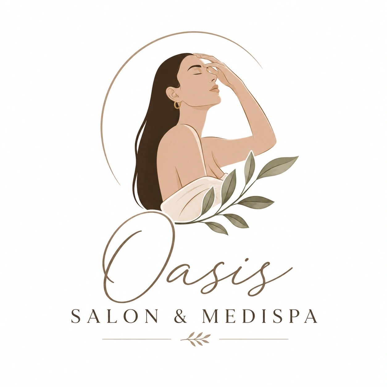 Elegant salon and medispan logo featuring a serene woman illustration.