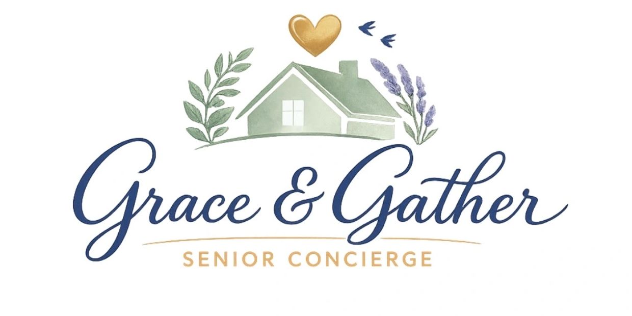 Logo for Grace &amp; Gather Senior Concierge with a house and heart design.