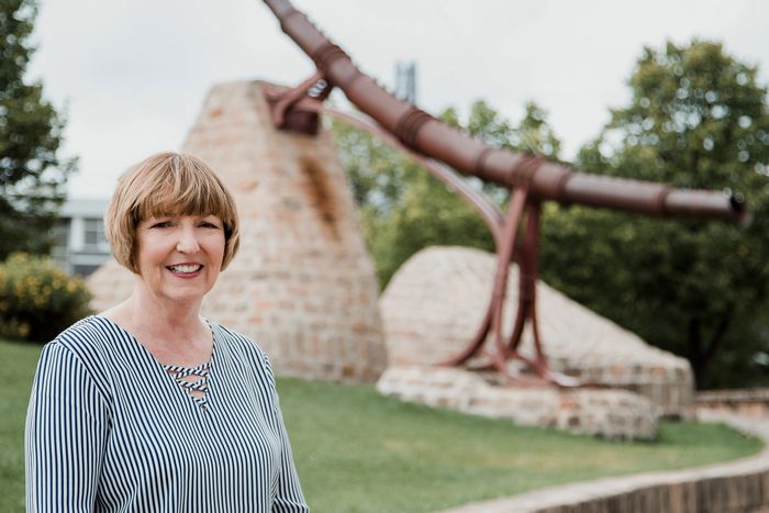 Susan Nicol by the Oodena Celebration Circle, The Forks National Historic Site, Winnipeg, Manitoba