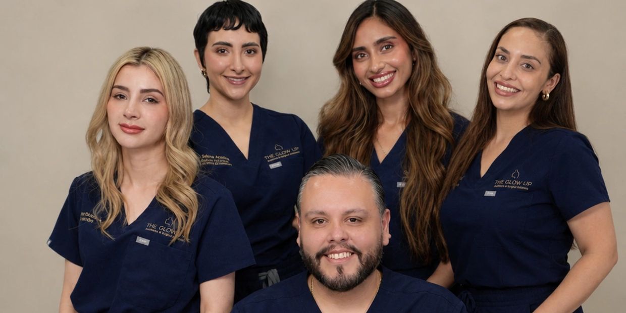 Equipo médico sonriente con uniformes azules.