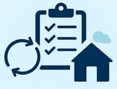 Checklist, refresh arrows, and house icon representing home updates.