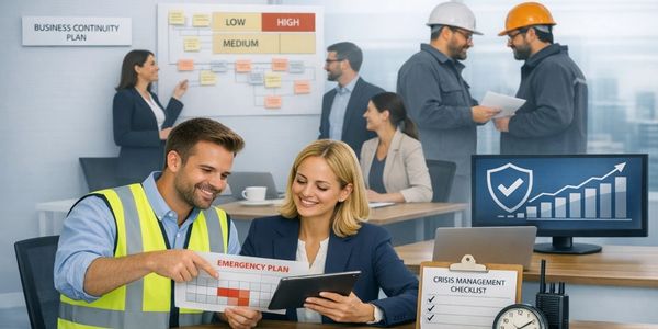 Team collaborating on business continuity and emergency plans in an office.