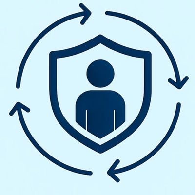 Icon of a person protected by a shield with circular arrows around it.