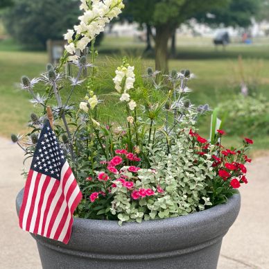 Flower pot with an American flag and vibrant blooms.