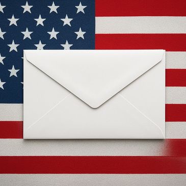 A white envelope placed on an American flag background.