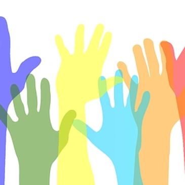 Colorful translucent hands raised against a white background.