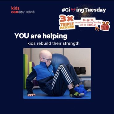 Child with cancer exercising, fundraiser support message.