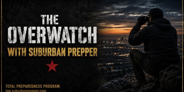 The Overwatch with Suburban Prepper logo and a person watching the city at dusk.