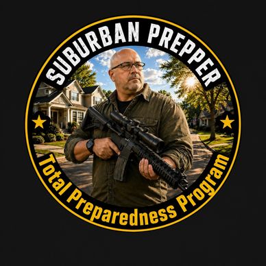 Man with rifle in suburban neighborhood, logo for preparedness program.