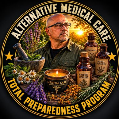 Man surrounded by herbs and natural remedy bottles promoting alternative medical care.