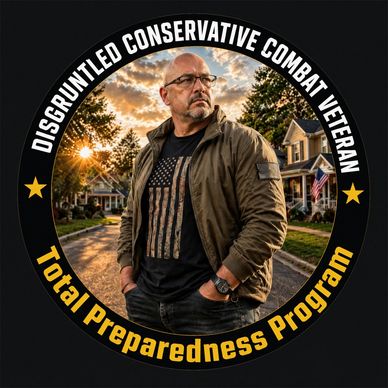 Man stands confidently in a suburban neighborhood at sunset with patriotic attire.