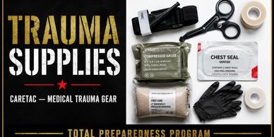 Medical trauma supplies including chest seal, gauze, gloves, and tourniquet.