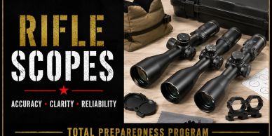 Three rifle scopes displayed with accessories and text on accuracy, clarity, and reliability.