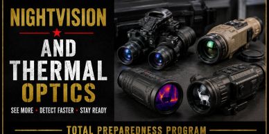 Various night vision and thermal optics devices displayed together.