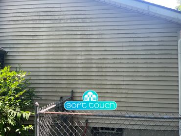 Dirty siding on a house with mildew and dirt buildup.