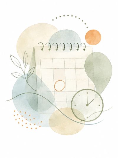 Abstract calendar and clock illustration with soft pastel colors.