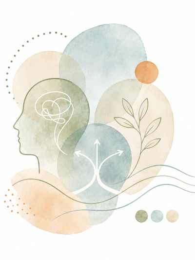 Abstract illustration of head, brain, and plant elements.