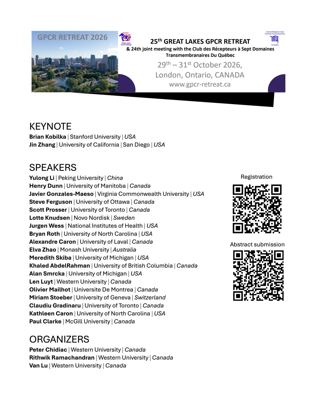 Announcement for the 25th Great Lakes GPCR Retreat in London, Ontario, 2026.