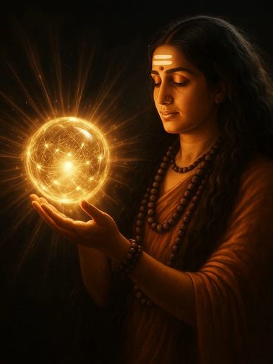 A serene figure holding a glowing mystical orb radiating light.