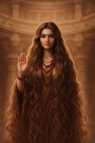 A woman with long wavy hair, adorned with beads, raising her right hand in blessing.