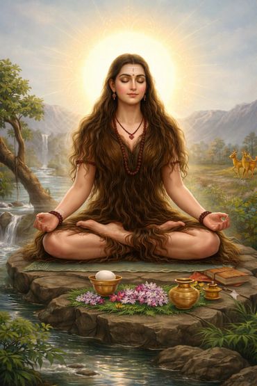 Meditating figure with long hair, glowing halo, and serene nature setting.