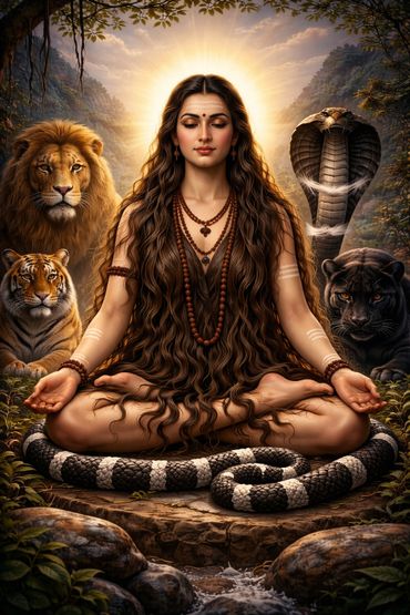A serene woman meditates surrounded by wild animals and a glowing aura.