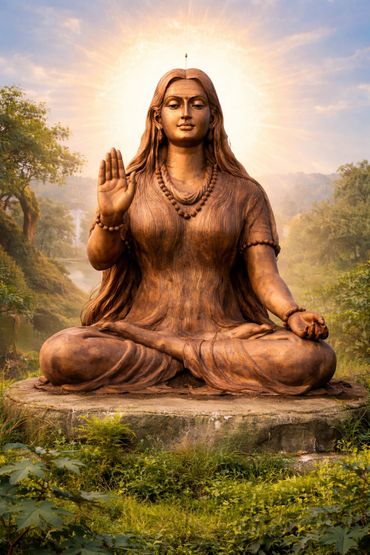 A serene wooden statue of a meditating figure with a halo in a natural setting.