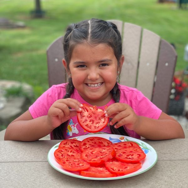 Girl smiling with tomato slices on a plate.