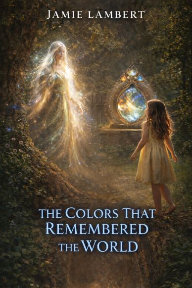 A young girl confronts a glowing ethereal figure beside a magical mirror in a mystical forest.
