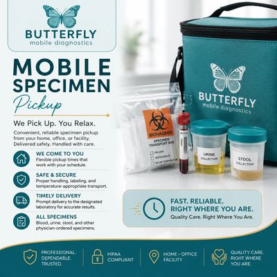 Butterfly mobile specimen pickup kit with biohazard bag and collection containers.