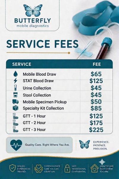 List of service fees for Butterfly Mobile Diagnostics including blood draws and specimen collections.