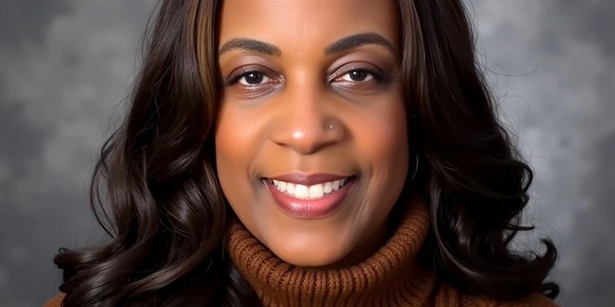 Smiling woman with long dark hair wearing a brown cable knit turtleneck sweater.