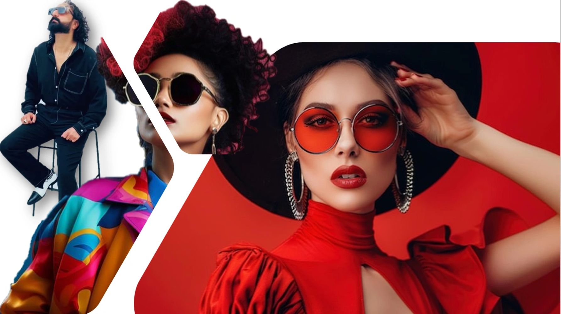 Fashion-forward individuals showcasing bold sunglasses and vibrant clothing styles.