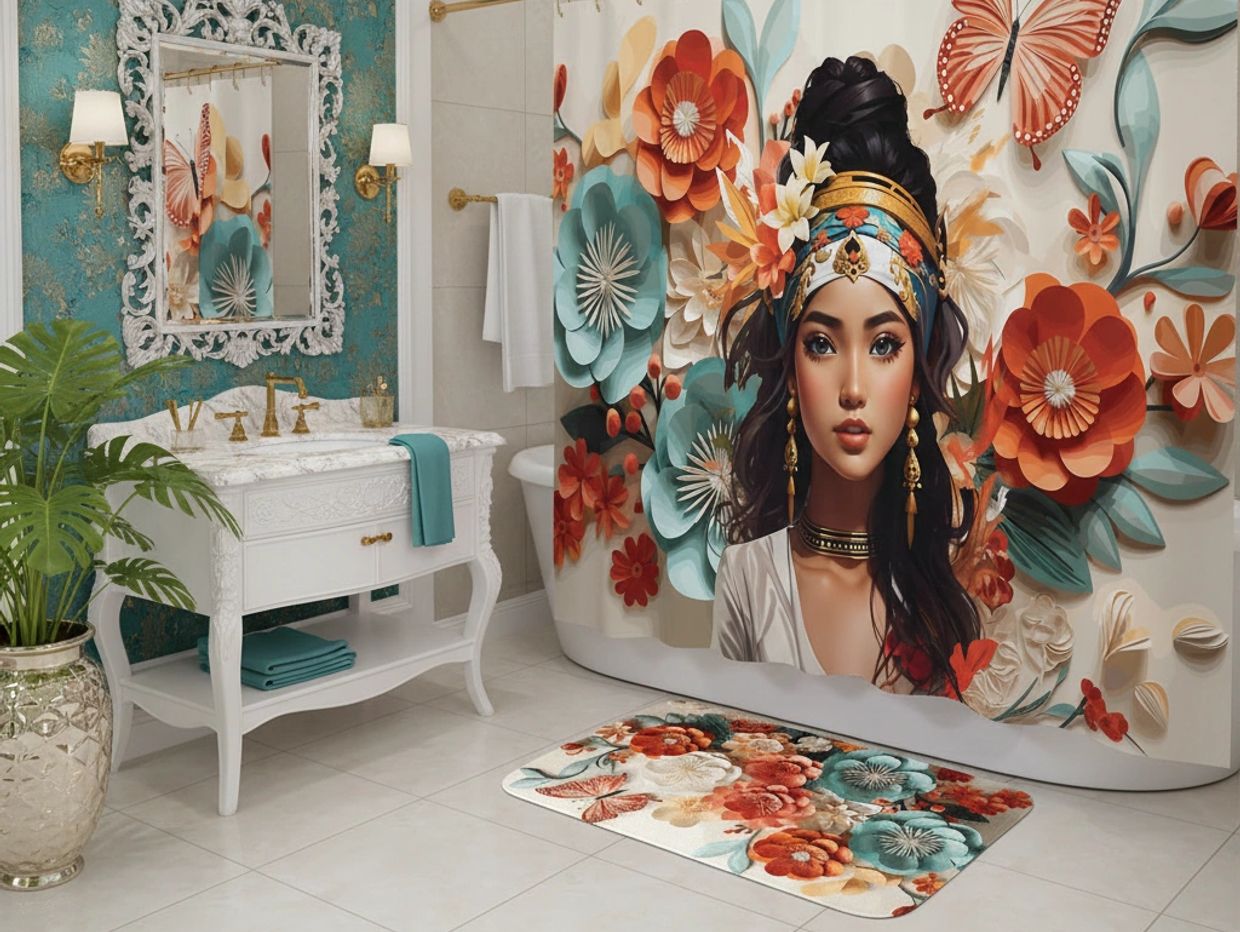 Elegant bathroom with a floral-themed shower curtain and matching rug featuring a woman's portrait.