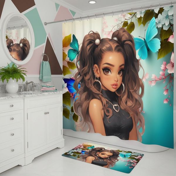 Bathroom with artistic shower curtain and matching rug featuring a girl and butterflies.