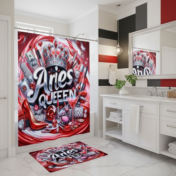 Bathroom with a bold Aries Queen shower curtain and matching rug in red and silver.