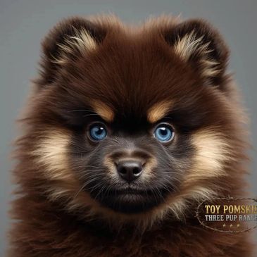 Close-up of a fluffy Toy Pomsky puppy with striking blue eyes.