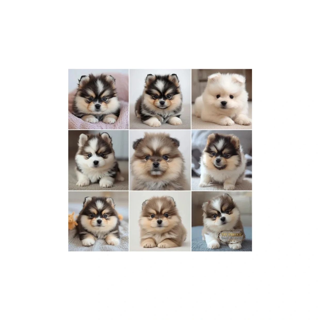 Nine adorable fluffy Pomsky puppies with various fur colors and expressions.