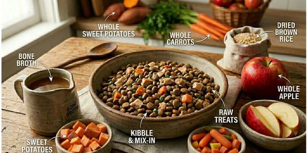 Ingredients for homemade dog food including kibble, sweet potatoes, carrots, and bone broth.