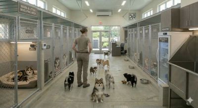 A woman in a dog shelter with several dogs around her.