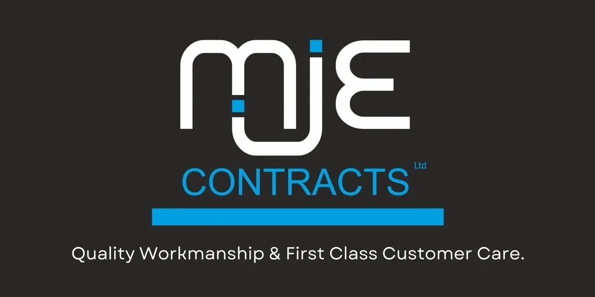 Logo of MJE Contracts Ltd with a tagline on quality workmanship and customer care.