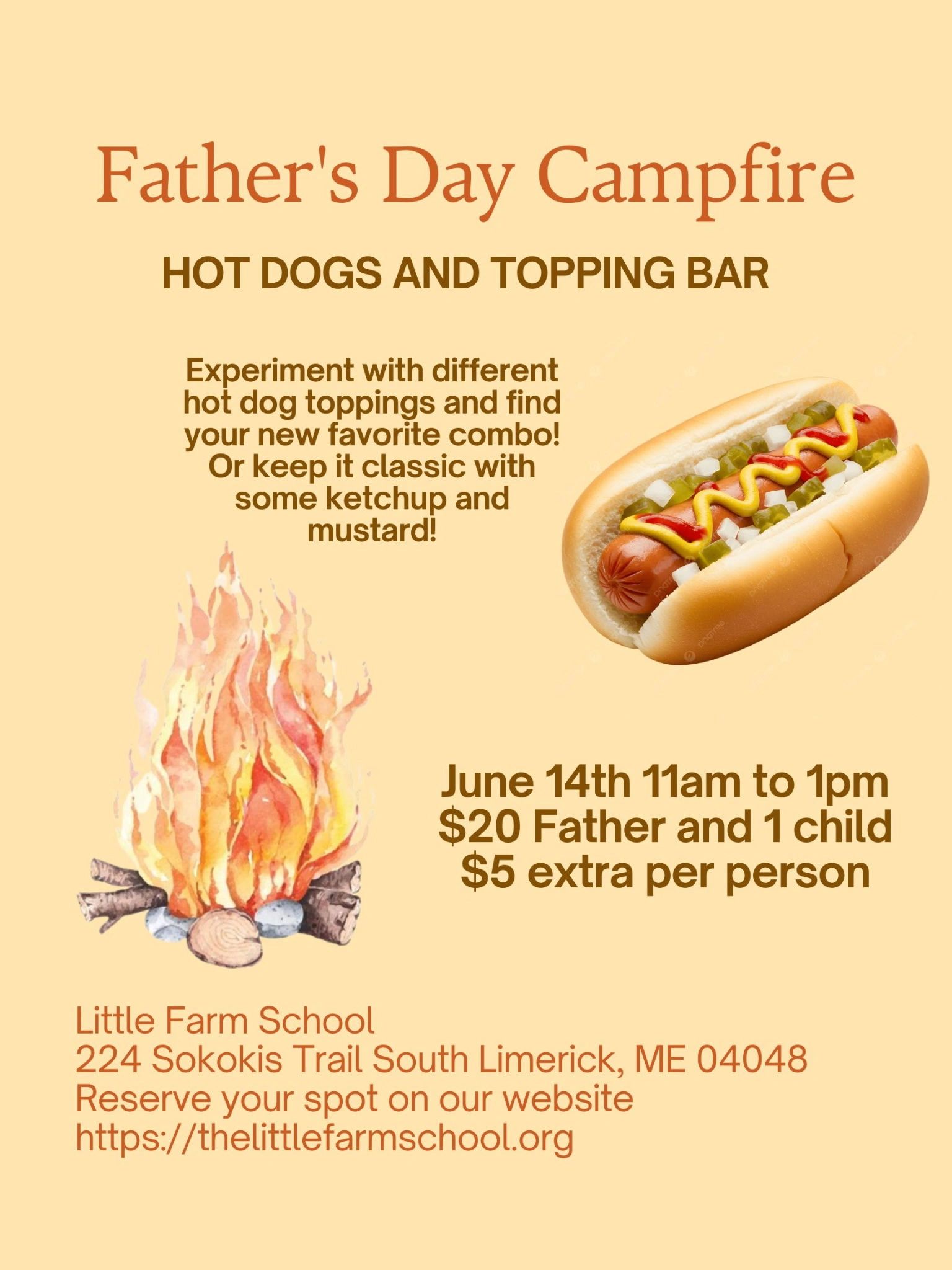 Father's Day hot dog campfire event with toppings bar and fun activities.