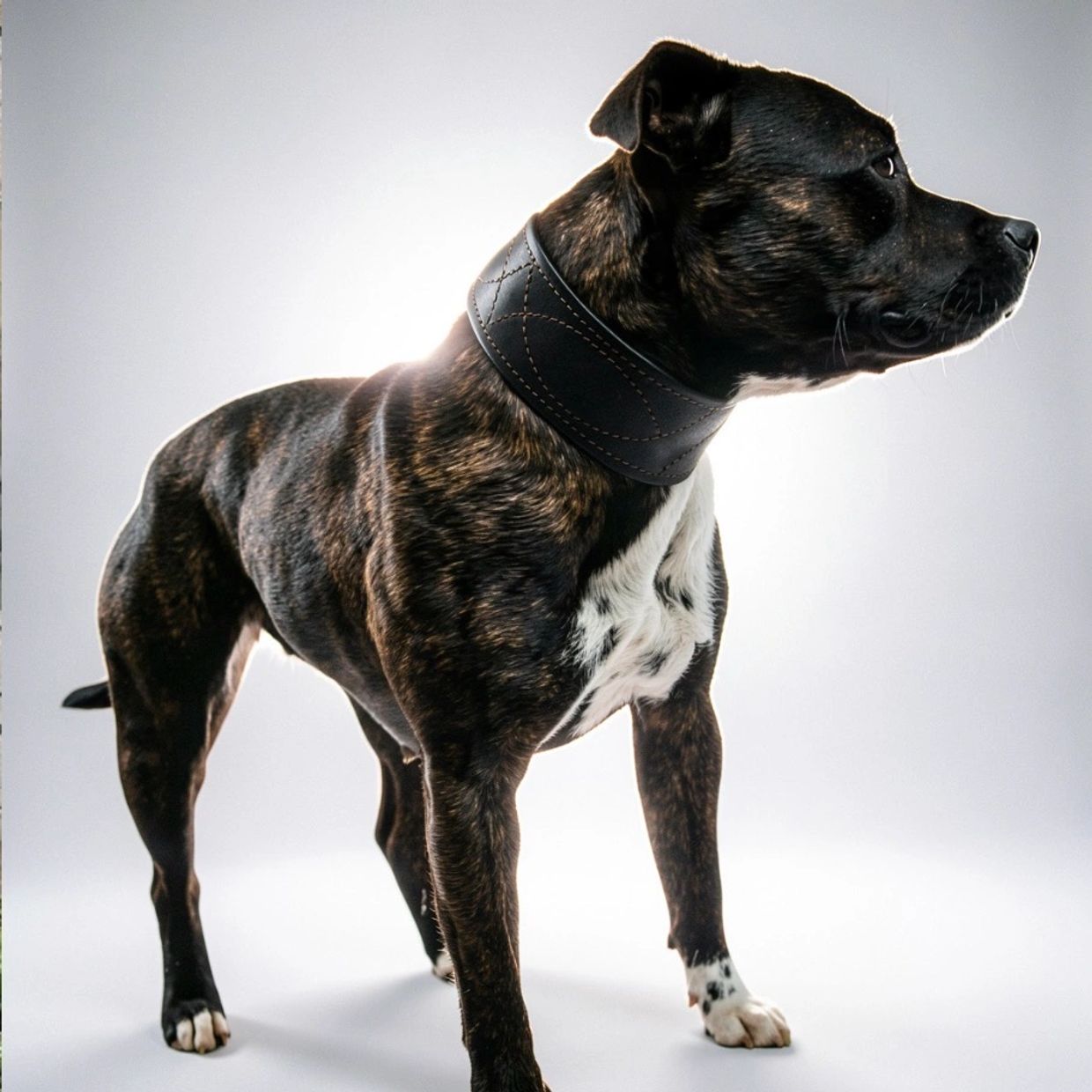 Brindle Staffordshire Bull Terrier wearing a black leather collar.
