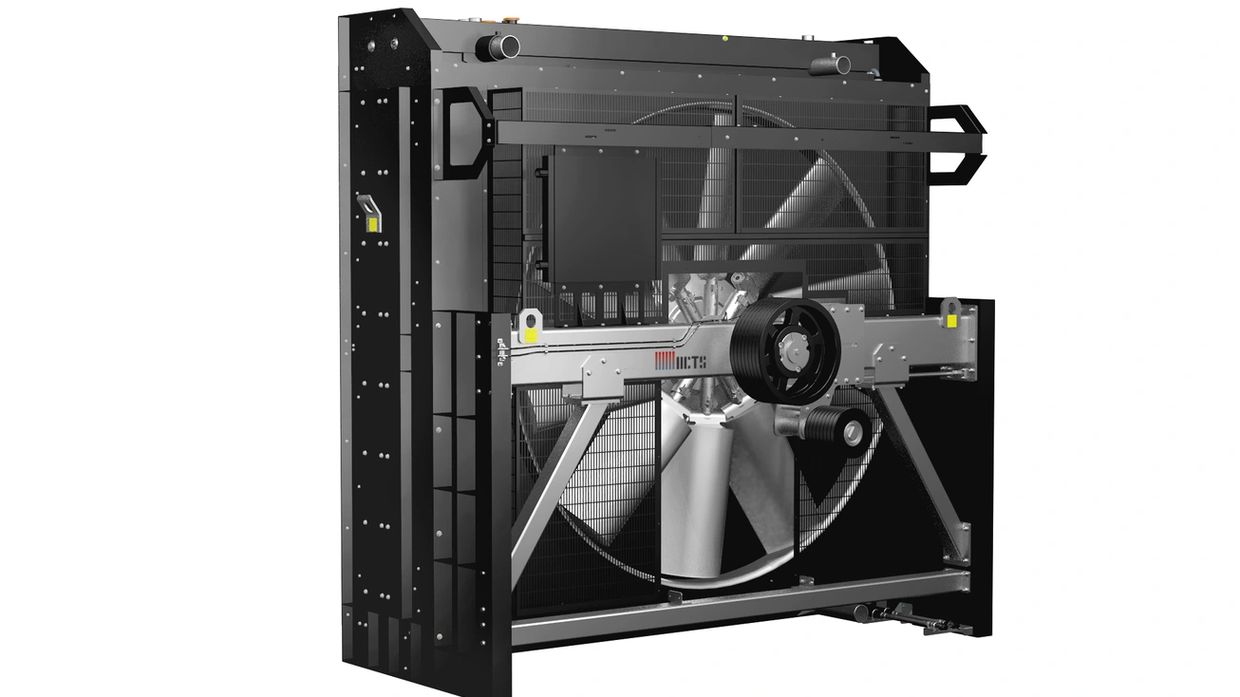Large industrial cooling fan unit with metal frame and blades.