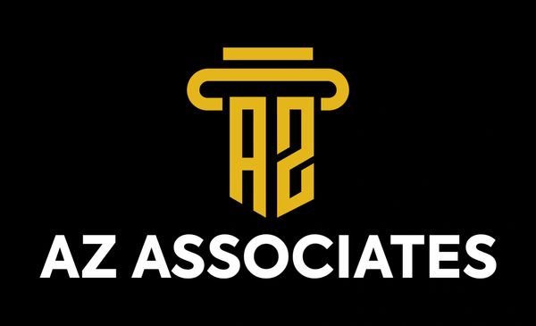 Logo of AZ Associates with a stylized golden pillar and bold white text.